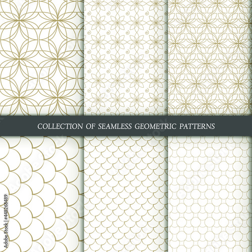 Set of 12 vector seamless patterns. Geometrical gold patterns on a white background. Modern illustrations for wallpapers, flyers, covers, banners, minimalistic ornaments, backgrounds. 