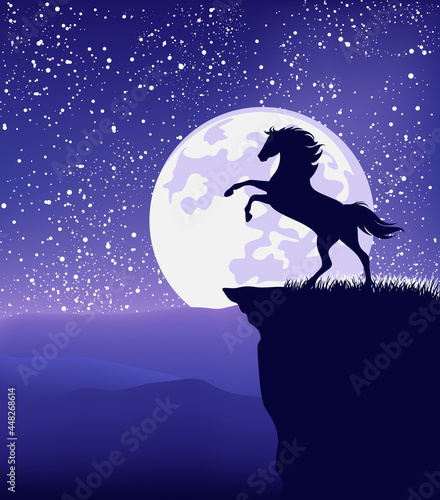 wild mustang horse rearing up at mountain cliff against full moon - fairy tale stallion silhouette and starry night landscape vector design
