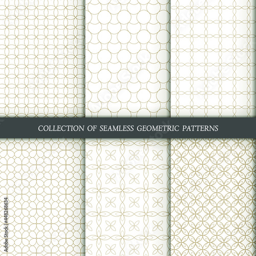 Set of 6 vector seamless patterns. Geometrical patterns on a white background. Modern illustrations for wallpapers, flyers, covers, banners, minimalistic ornaments, backgrounds. 