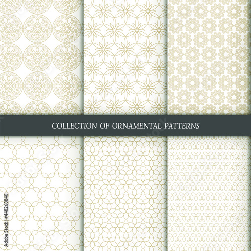 Set of 6 vector seamless patterns. Ornamental gold patterns on a white background. Modern illustrations for wallpapers, flyers, covers, banners, minimalistic ornaments, backgrounds. 