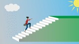 Woman climbing in stairs, determined to get to sunny days. Dimension 16:9. Vector illustration. EPS10.
