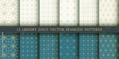 Set of 12 luxurious vector seamless ornamental  patterns. Gold floral patterns on a white and emerald background. Modern illustrations for wallpapers, flyers, covers, banners, minimalistic ornaments