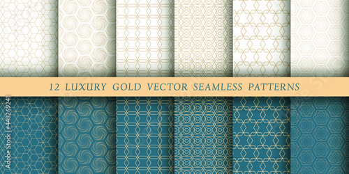 Set of 12 luxurious vector seamless ornamental  patterns. Gold floral patterns on a white and emerald background. Modern illustrations for wallpapers, flyers, covers, banners, minimalistic ornaments