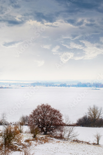 Winter landscape with trees on the river bank, snow-covered field and picturesque cloudy sky, winter day
