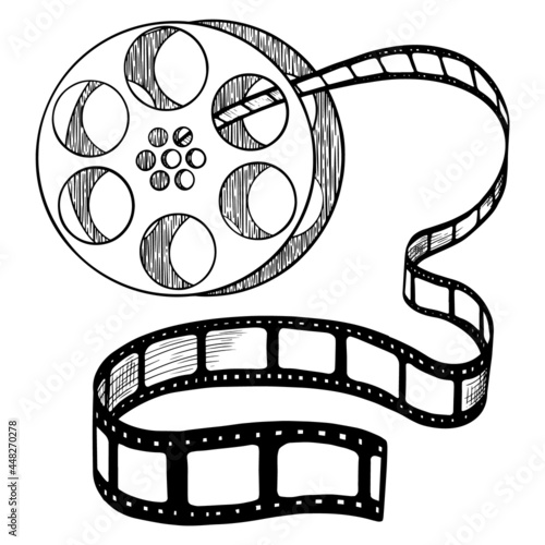 Cinema tape sketch. Black hand drawn object on white background. Vector illustration.