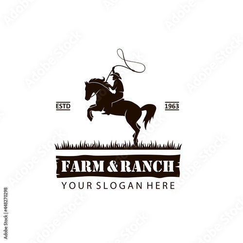 emblem of cowboy silhouette with lasso on horse isolated on white background