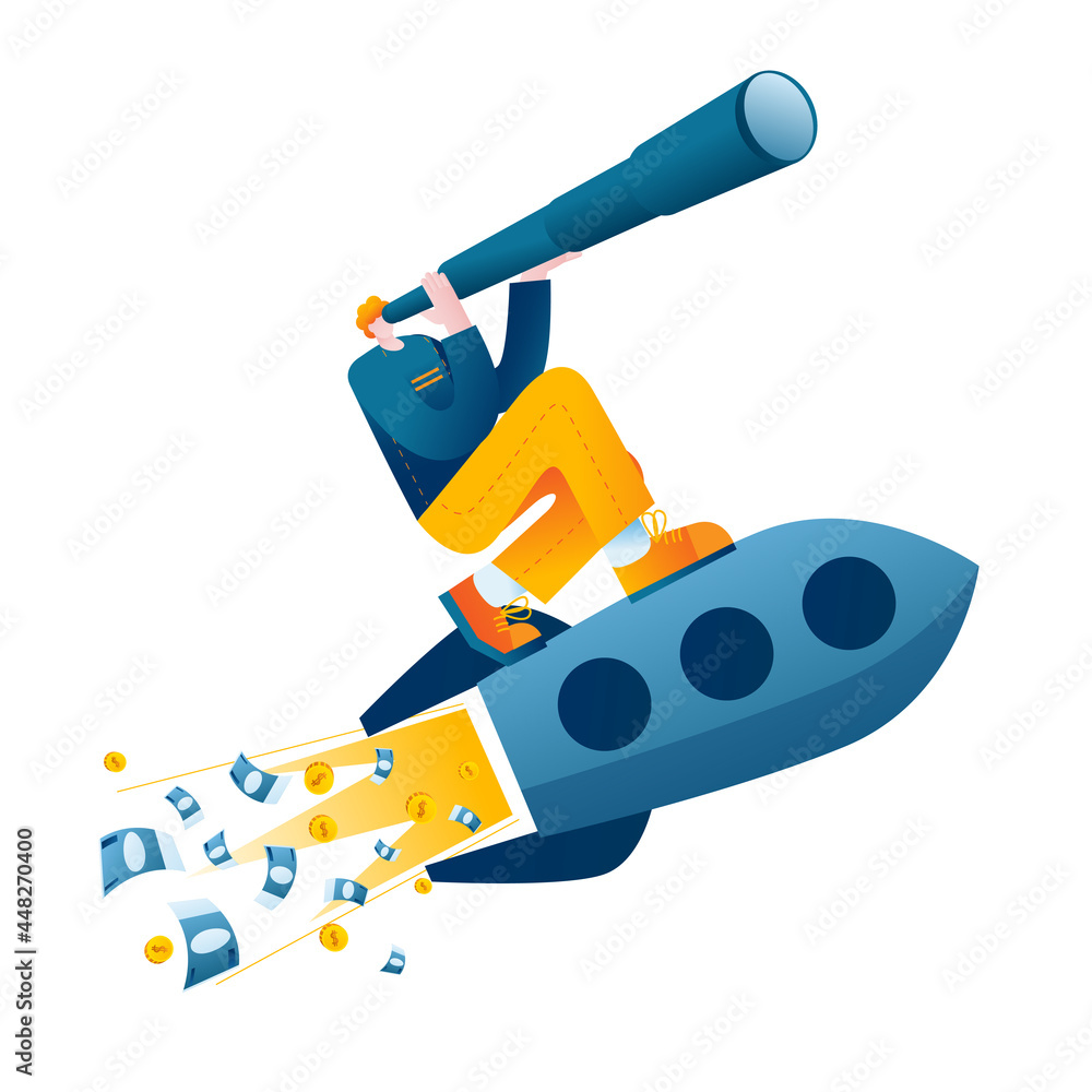 A young man with a telescope is flying on a rocket. Vector illustration about the search for a successful idea. A young man with a telescope is flying on a rocket. Vector illustration about the search for a successful idea.