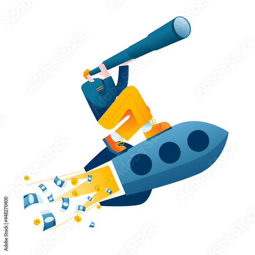 A young man with a telescope is flying on a rocket. Vector illustration about the search for a successful idea.