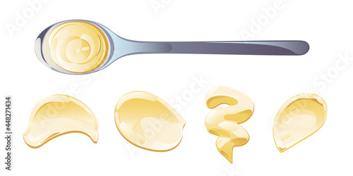 Mayonnaise in bowl, bottle, stains and splash set. Condiment white sauce icon set. Top and front view vector illustration.