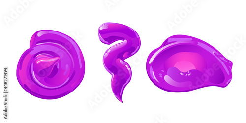 Purple slime stains, splashes or blobs set. Pink jelly in cartoon flat style. Vector design elements.