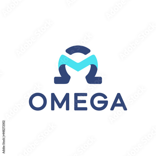 omega design with a combination of the letter m in the middle, dark blue and aquas