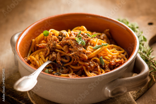 spaghetti with hare ragout traditional italian recipe photo