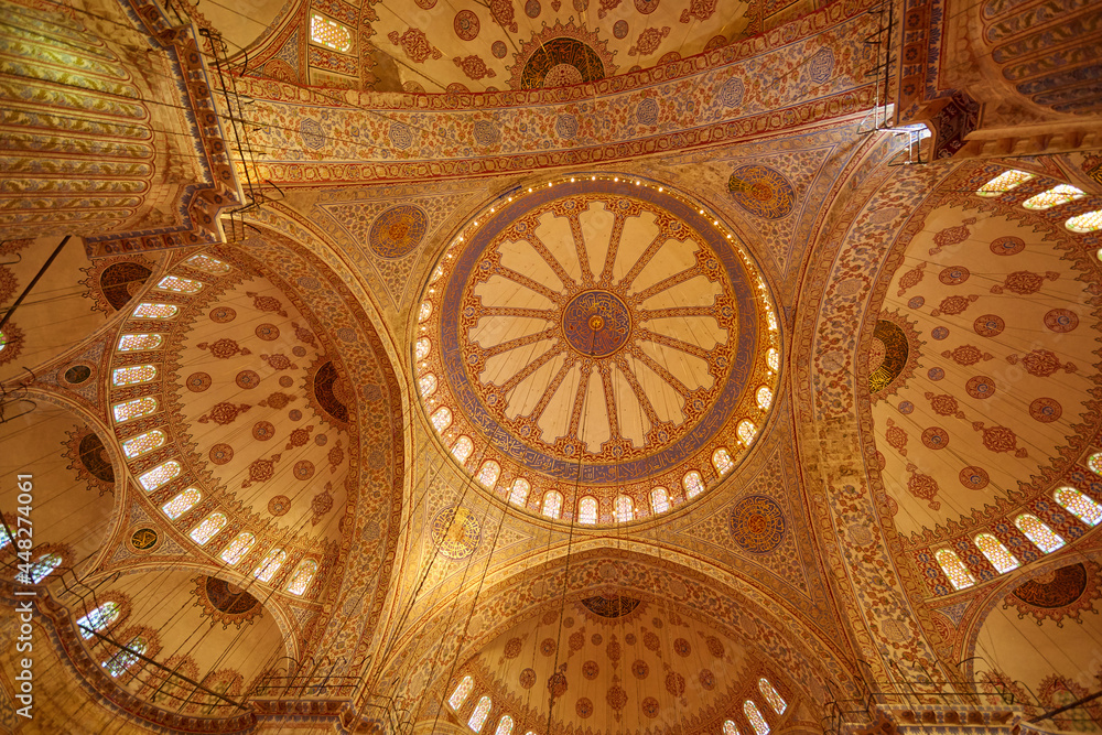 Istanbul, Turkey - 1 April, 2017: Blue Mosque interior in Istanbul, Turkey. Sultan Ahmet Cami.