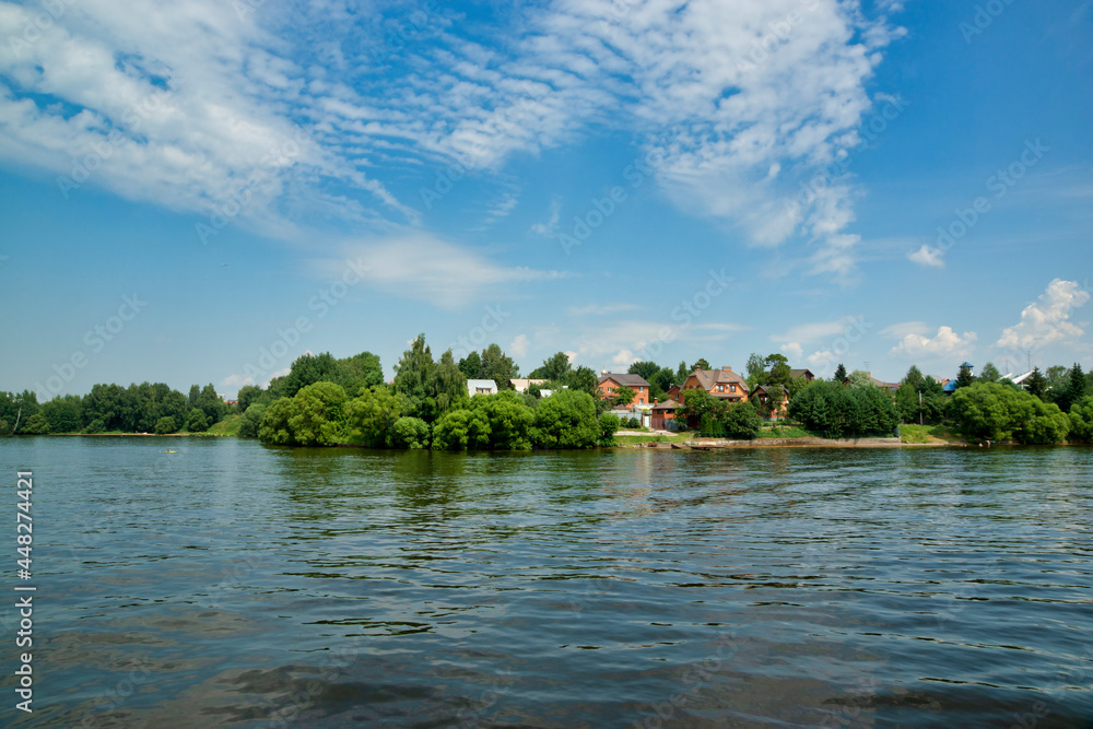 Embankment of the Klyazmensky reservoir, river walk along the Moscow water channel, Russia