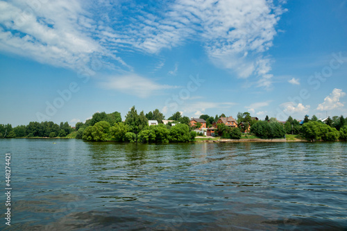 Obraz na płótnie Embankment of the Klyazmensky reservoir, river walk along the Moscow water channel, Russia w salonie