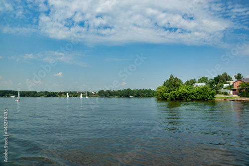 Obraz na płótnie Embankment of the Klyazmensky reservoir, river walk along the Moscow water channel, Russia w salonie