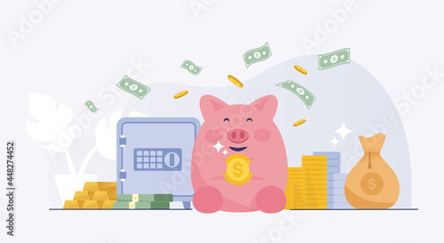 Happy pink piggy bank saving investment with safes. vector illustration