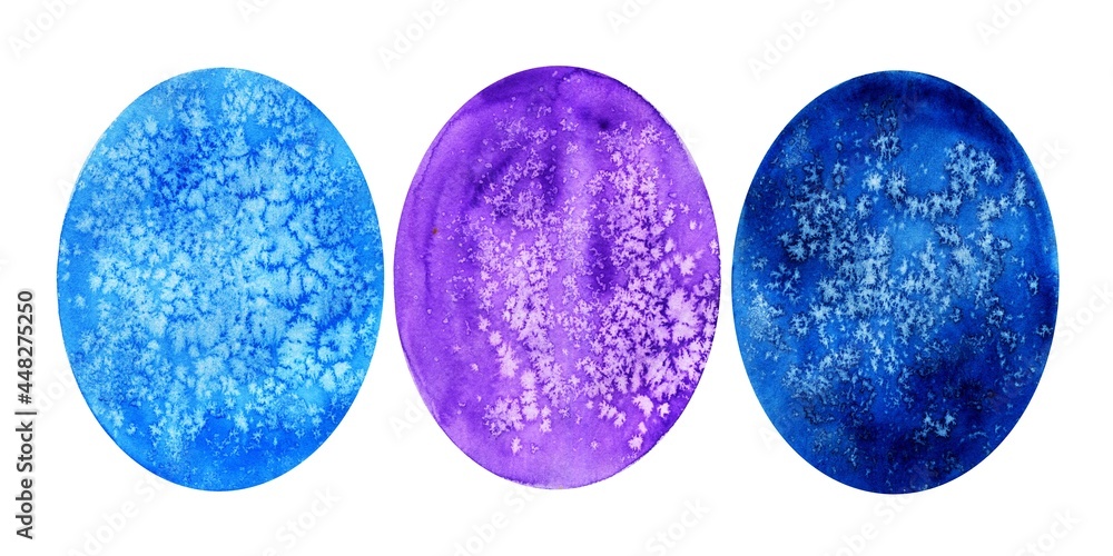 A set of oval abstract paint spots with texture, blue and purple color. Watercolor illustration A set of oval abstract paint spots with texture, blue and purple color. Watercolor illustration