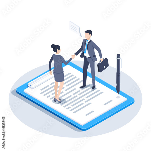 isometric vector illustration isolated on white background, man and woman in business suits shake hands while standing on a tablet with a document, agreement in business and conclusion of a contract