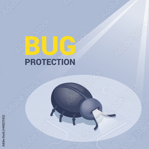 isometric vector illustration on gray background, android beetle on electronic board illuminated by light, bug protection