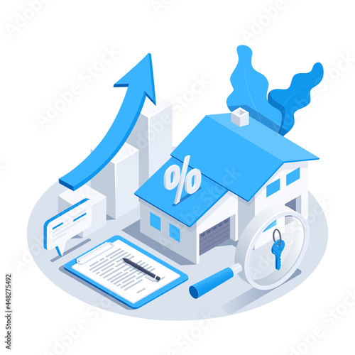 isometric vector image on a white background, a rising chart icon with a blue arrow and a house, real estate market, documentation and housing search