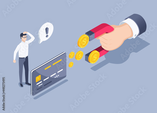 isometric vector illustration on a gray background, a bank card and a hand with a magnet to which gold coins are flying, withdrawal of money