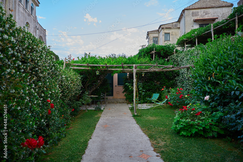 Stunning relaxation place with bench and wonderful panorama,Villa Rufolo,Ravello,Amalfi coast,Italy,Europe