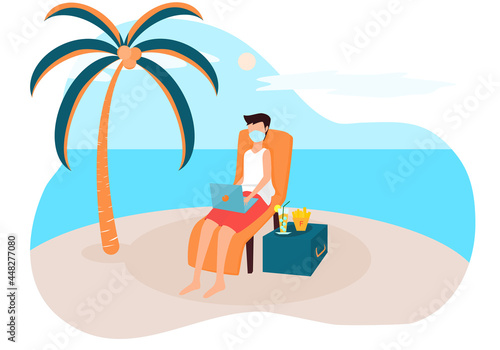 Concept work from home, relax, quarantine. young man wearing mask  sitting on a notebook  at the beach on the beach. Vector flat style. Illustration for content working, healthy, COVID-19, beach, mask