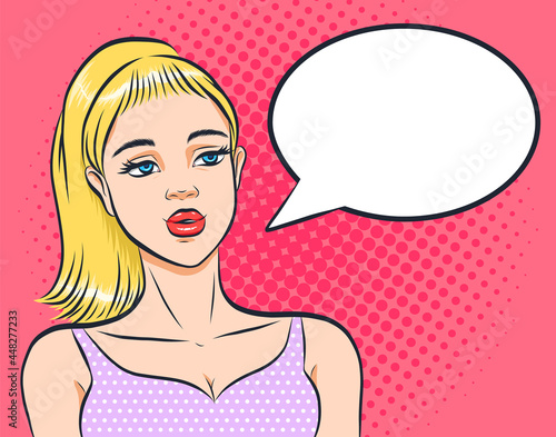 Pretty blonde young woman thinking bubble in pop art comic style, vector illustration