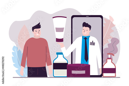 Seller offers customer acne remedies. Man with problem skin buys medicines in cosmetic store. Male character orders facial masks in online shop. Concept of e-commerce