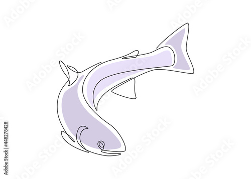 Salmon fish in one continuous line drawing. Wild trout in linear sketch style with blue color shapes on white background. Vector illustration
