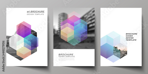 Vector layout of A4 format cover mockups design templates with colorful hexagons  geometric shapes  tech background for brochure  flyer layout  booklet  cover design  book design  brochure cover.