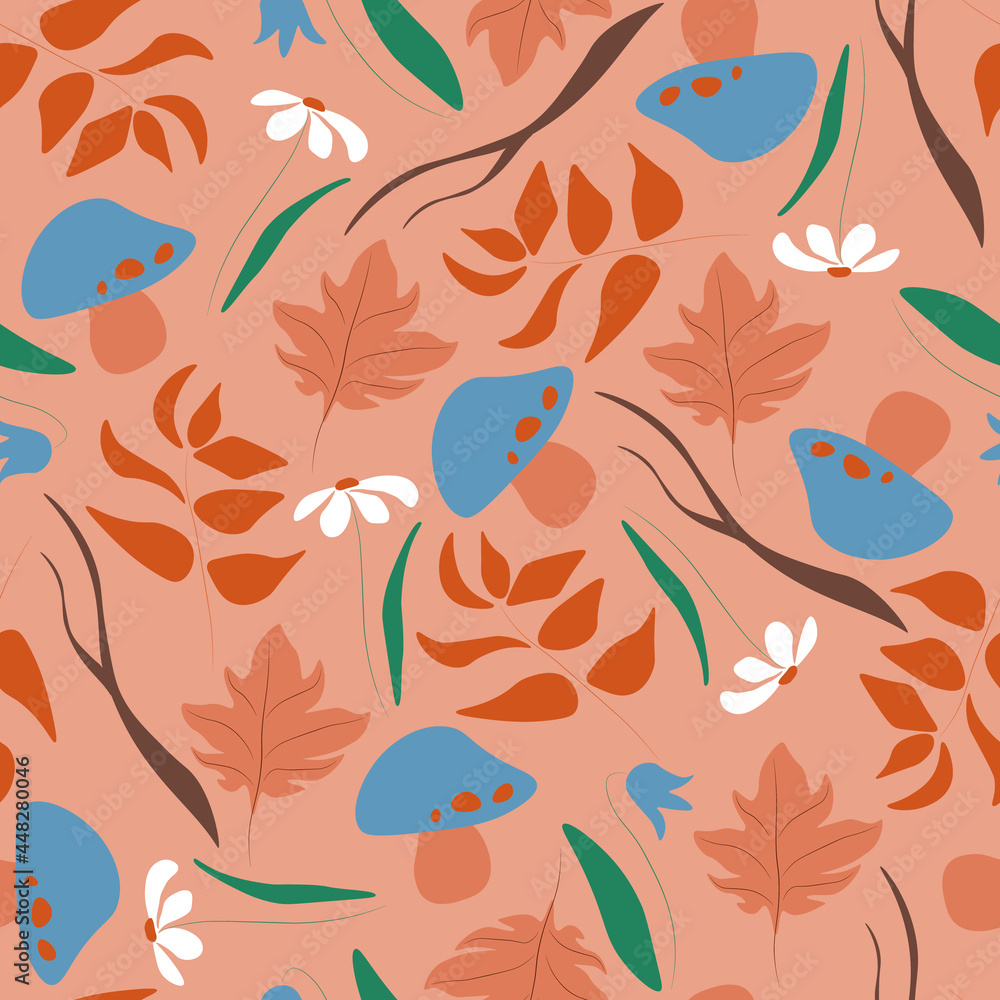Autumn seamless pattern with leaves, flowers and mushrooms on orange background. Seasonal colors.