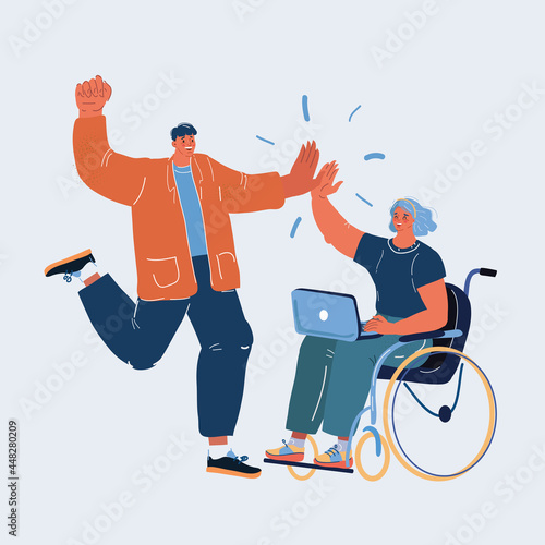 Vector illustration of Man and Woman on Whellchair. Team and good work. Give five