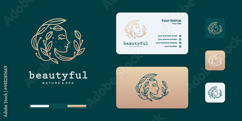 Luxury woman's face flower with line art style logo and business card design. feminine design concept for beauty salon, massage, cosmetic and spa. 