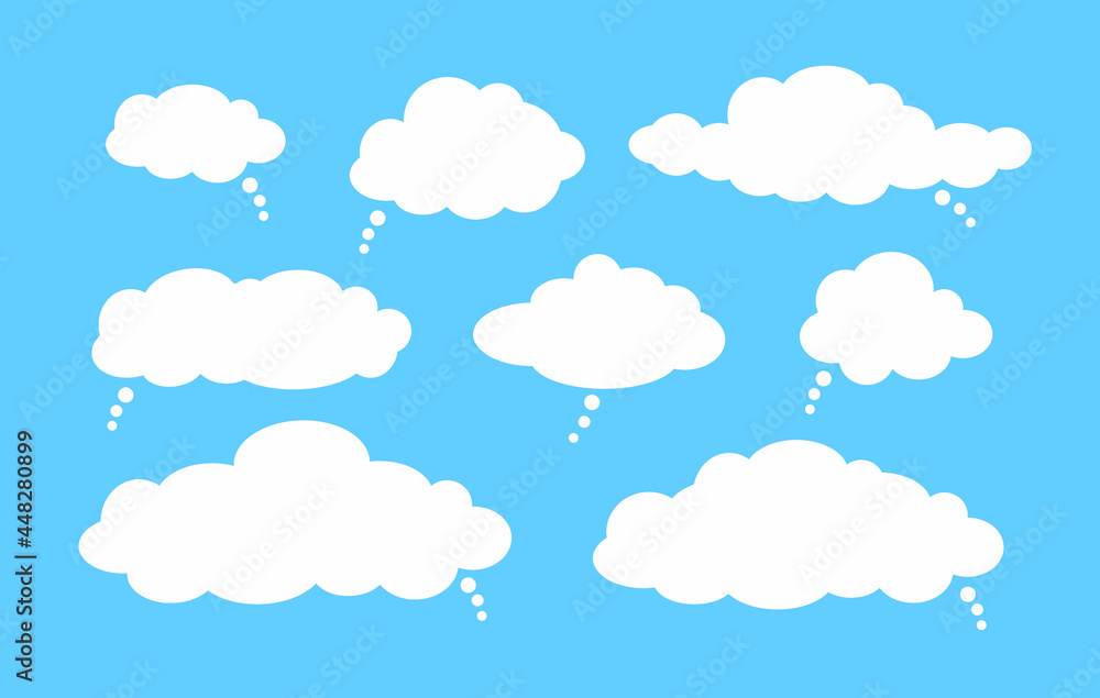 Vector Set of Thought Comic Clouds, Flat Design Elements, White Frames on Sky Blue Background.

