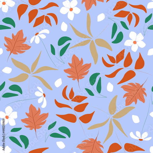 Autumn seamless pattern with leaves  flowers and petals on blue background. Vector wallpaper.