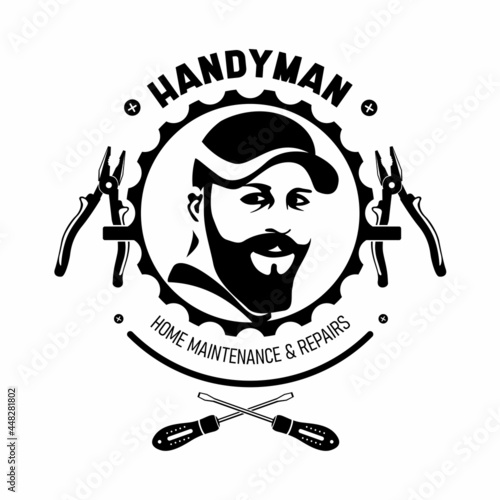 Handyman icon, emblem and design elements. Silhouettes of tools. Carpentry, plumbing and repairs related vector vintage illustration.