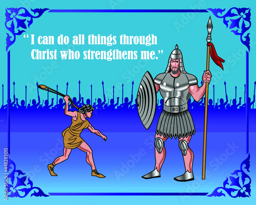 Wise motivational quote against the backdrop of the duel between David and Goliath. Vector illustration.