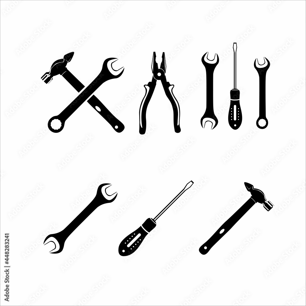 Silhouettes of tools for repair vector graphics. Black drawing on a white background for graphic and web design. Handyman tools. Silhouettes of tools for repair vector graphics. Black drawing on a white background for graphic and web design. Handyman tools.