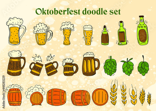 Oktoberfest 2021 - Beer Festival. Hand-drawn Doodle Elements. German Traditional holiday. Octoberfest, Craft Beer. Blue-white rhombus. Set of elements.