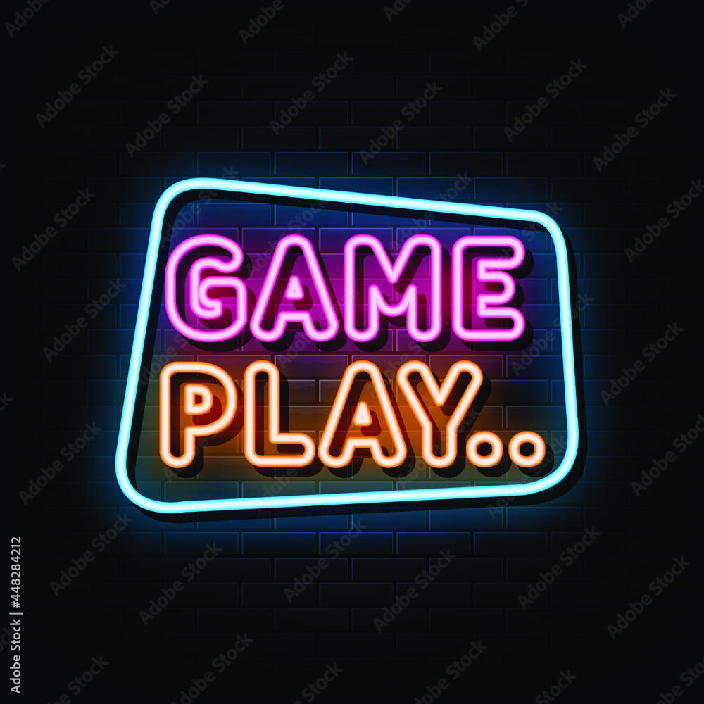 Game play neon sign. design element. light banner. announcement neon