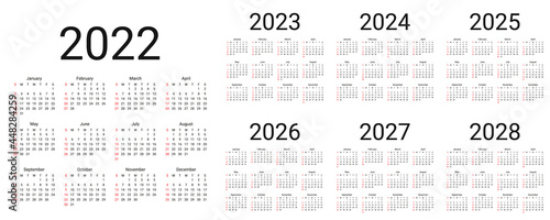 Calendar 2022, 2023, 2024, 2025, 2026, 2027, 2028 years. Vector. Week starts Sunday. Simple calender layout. Desk calendar template. Yearly stationery organizer. Square shape illustration