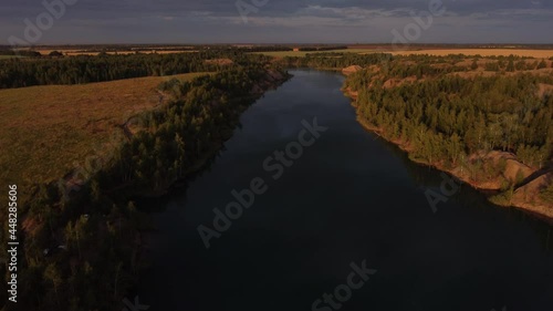 Aerial view river forest sunrise Konduki