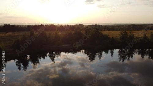 Aerial view lake forest sunrise Konduki