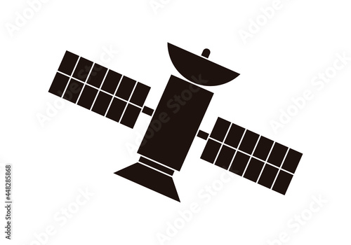 Icono negro de satélite artificial en fondo blanco.
