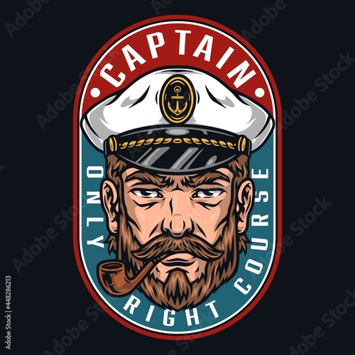 Vintage bearded sailor smoking pipe, marine logo with sea captain in hat isolated illustration