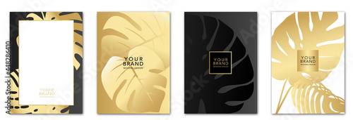 Tropical cover design set with tree monstera golden leaf on background. Holiday black and gold exotic pattern for vector business, sale, wedding card, luxury menu template, summer holiday poster.