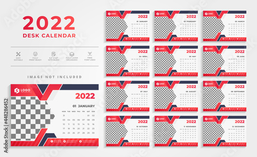 Creative Clean Red Color 2022 Desk Calendar Design Template