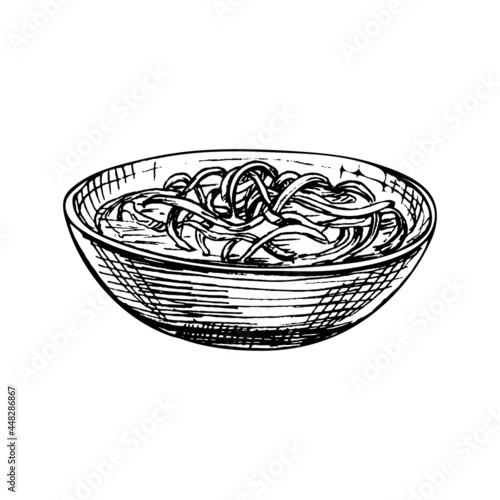 Noodle soup in plate. Vintage vector hatching hand drawn illustration isolated